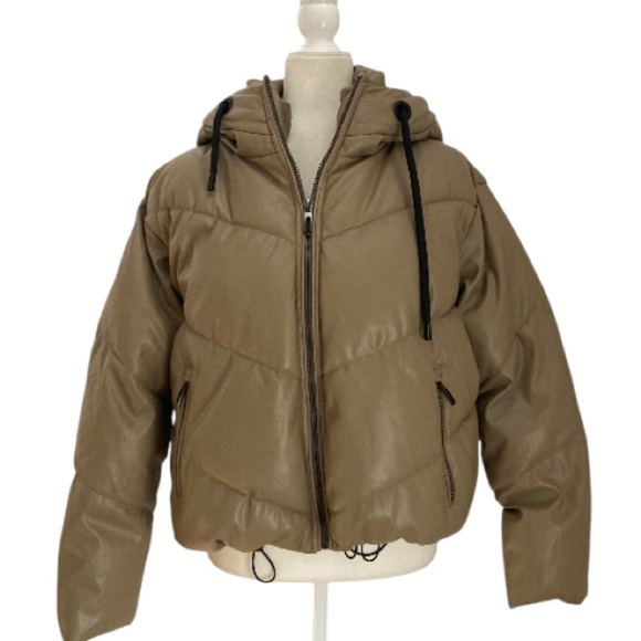 Daniela Cortez Eco Leather Puffer Jacket with Hood in Cognac - Picture 10 of 14